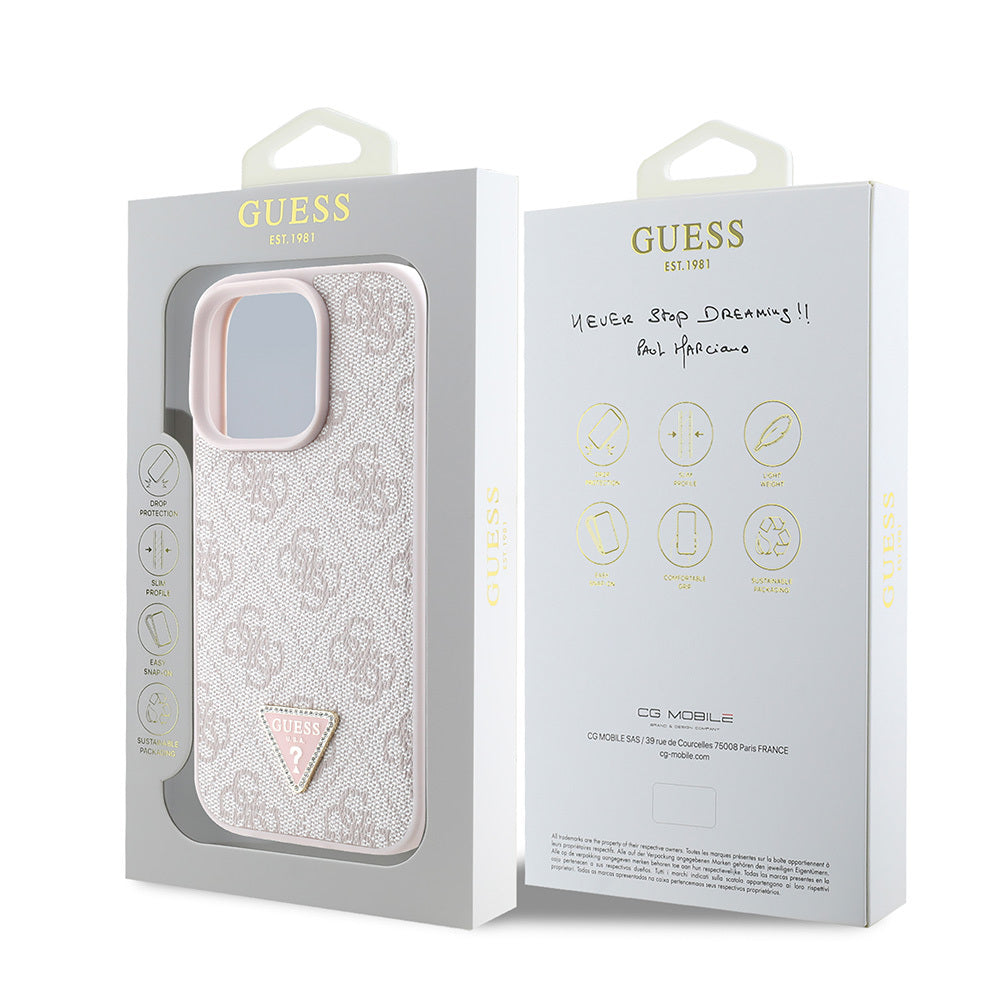 Guess iPhone 16 Pro Orjinal Lisanslı PU Deri Taşlı Üçgen Logo 4G Desenli Strass Kılıf