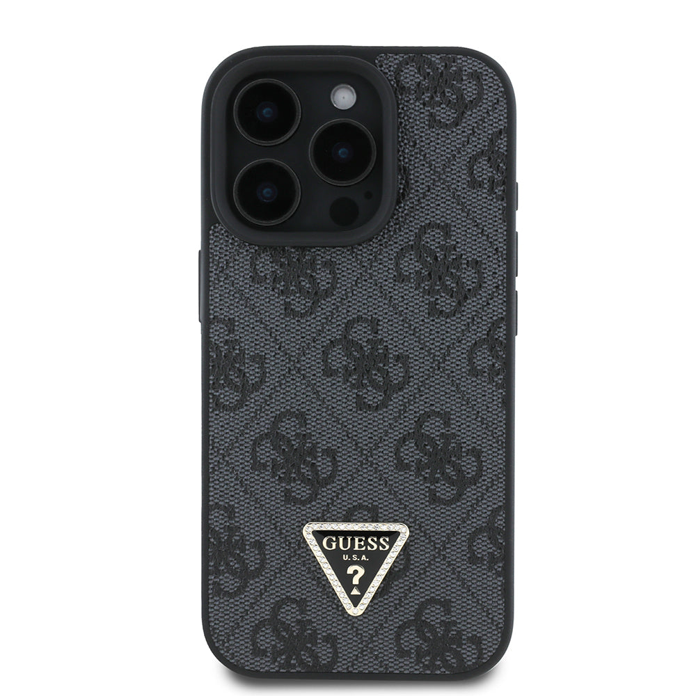 Guess iPhone 16 Pro Orjinal Lisanslı PU Deri Taşlı Üçgen Logo 4G Desenli Strass Kılıf