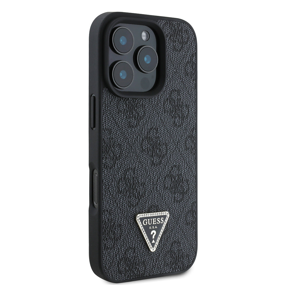 Guess iPhone 16 Pro Orjinal Lisanslı PU Deri Taşlı Üçgen Logo 4G Desenli Strass Kılıf