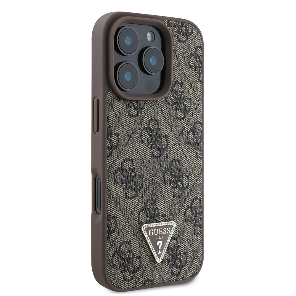 Guess iPhone 16 Pro Orjinal Lisanslı PU Deri Taşlı Üçgen Logo 4G Desenli Strass Kılıf