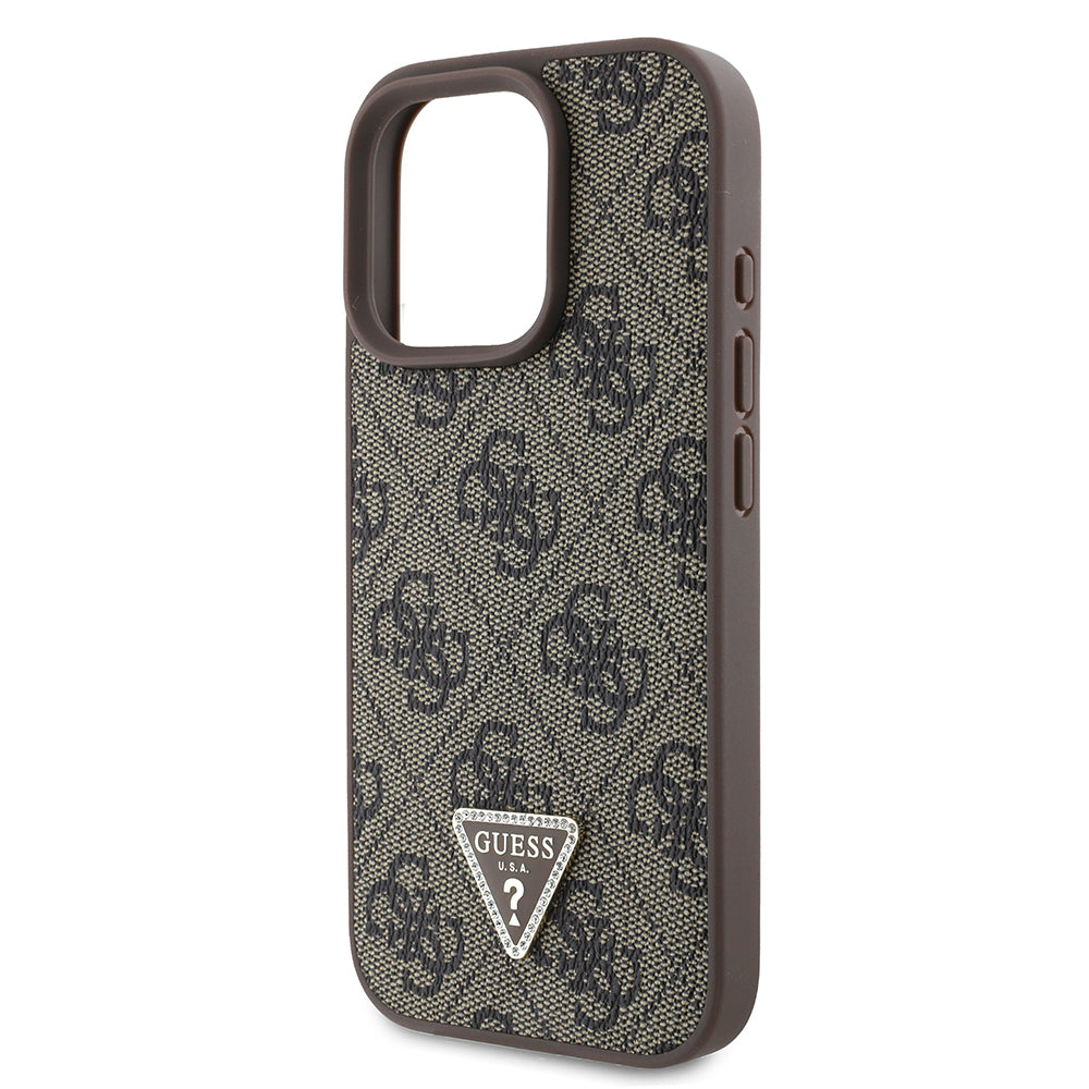 Guess iPhone 16 Pro Orjinal Lisanslı PU Deri Taşlı Üçgen Logo 4G Desenli Strass Kılıf