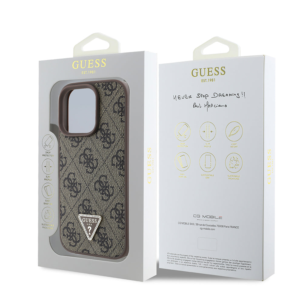 Guess iPhone 16 Pro Orjinal Lisanslı PU Deri Taşlı Üçgen Logo 4G Desenli Strass Kılıf