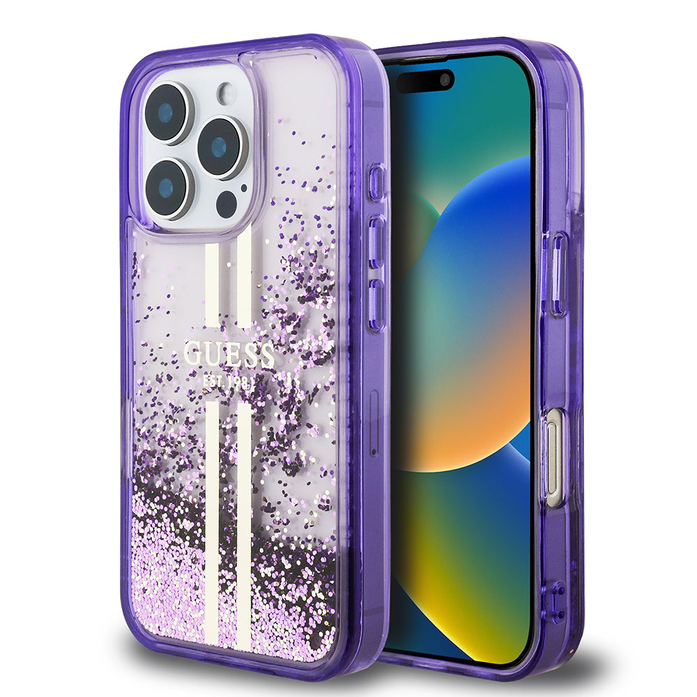 Guess iPhone 16 Pro Orjinal Lisanslı Transparan Sıvılı Simli Altın Çizgili Kılıf