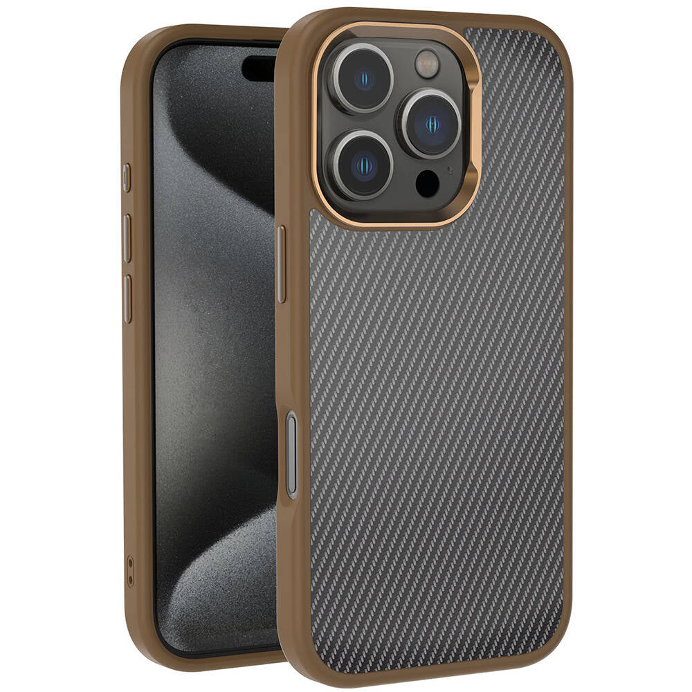 Cepax iPhone 16 Pro Karbon Fiber Görünümlü Parlak Kamera Çerçeveli Venus Kılıf
