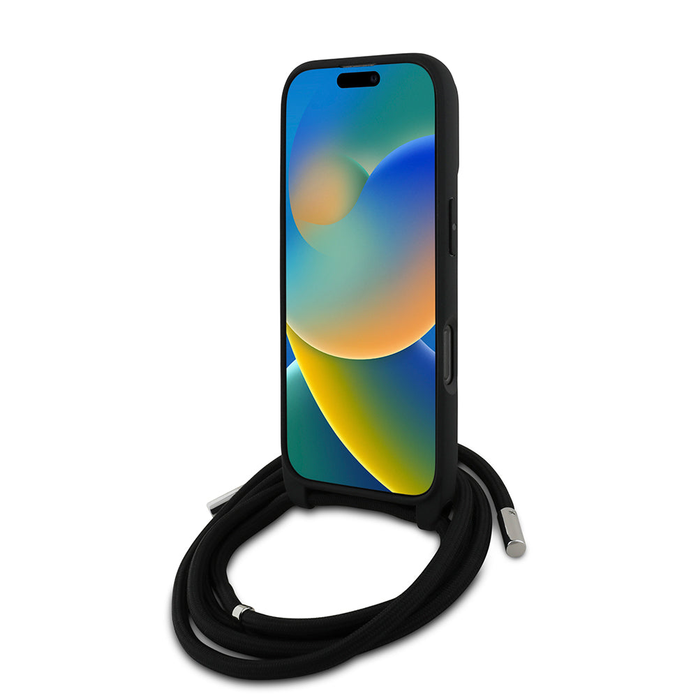 Karl Lagerfeld iPhone 16 Pro Orjinal Lisanslı Askı İpli Taşlı KL Yazılı Crossbody Cord Telefon Kılıfı