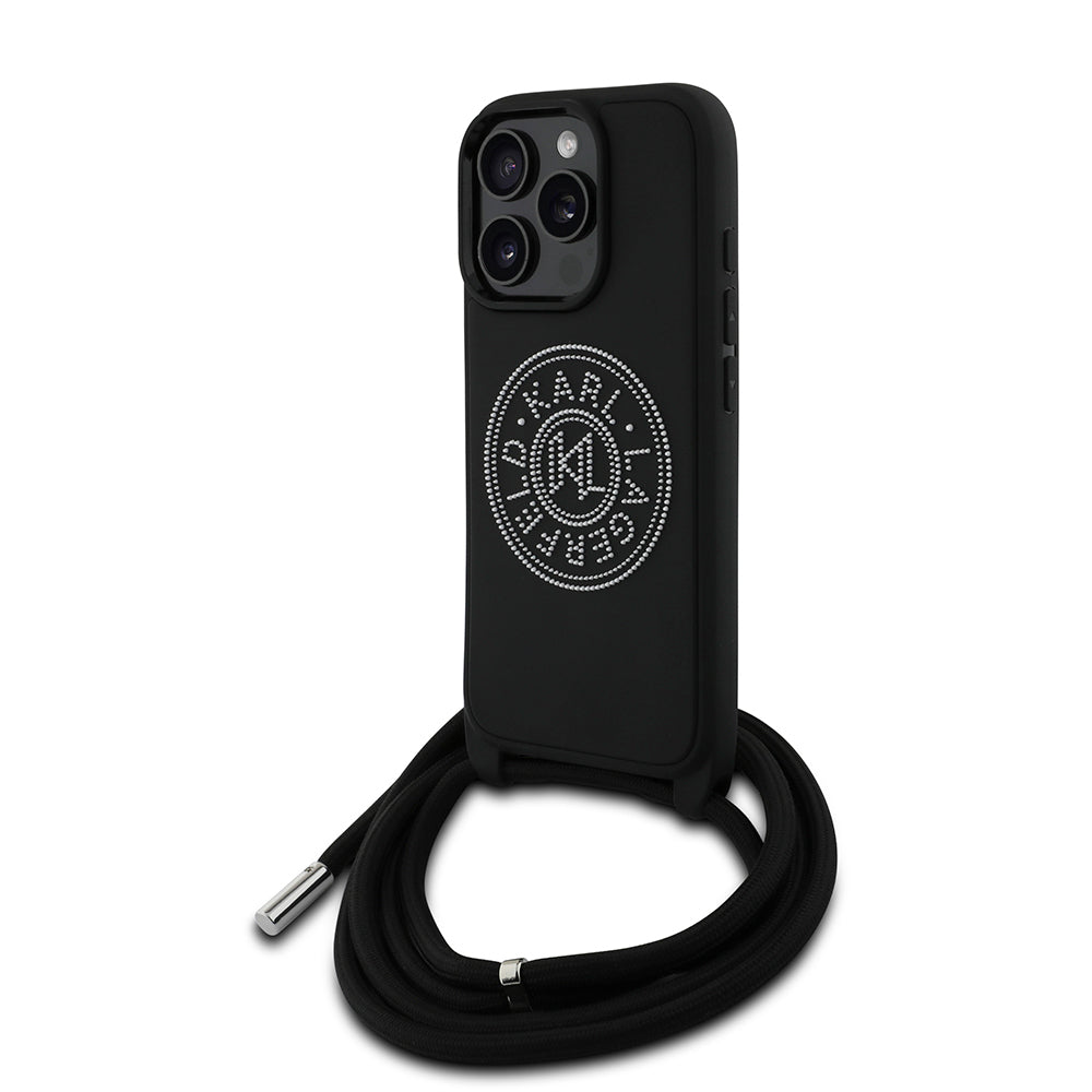 Karl Lagerfeld iPhone 16 Pro Orjinal Lisanslı Askı İpli Taşlı KL Yazılı Crossbody Cord Telefon Kılıfı-1