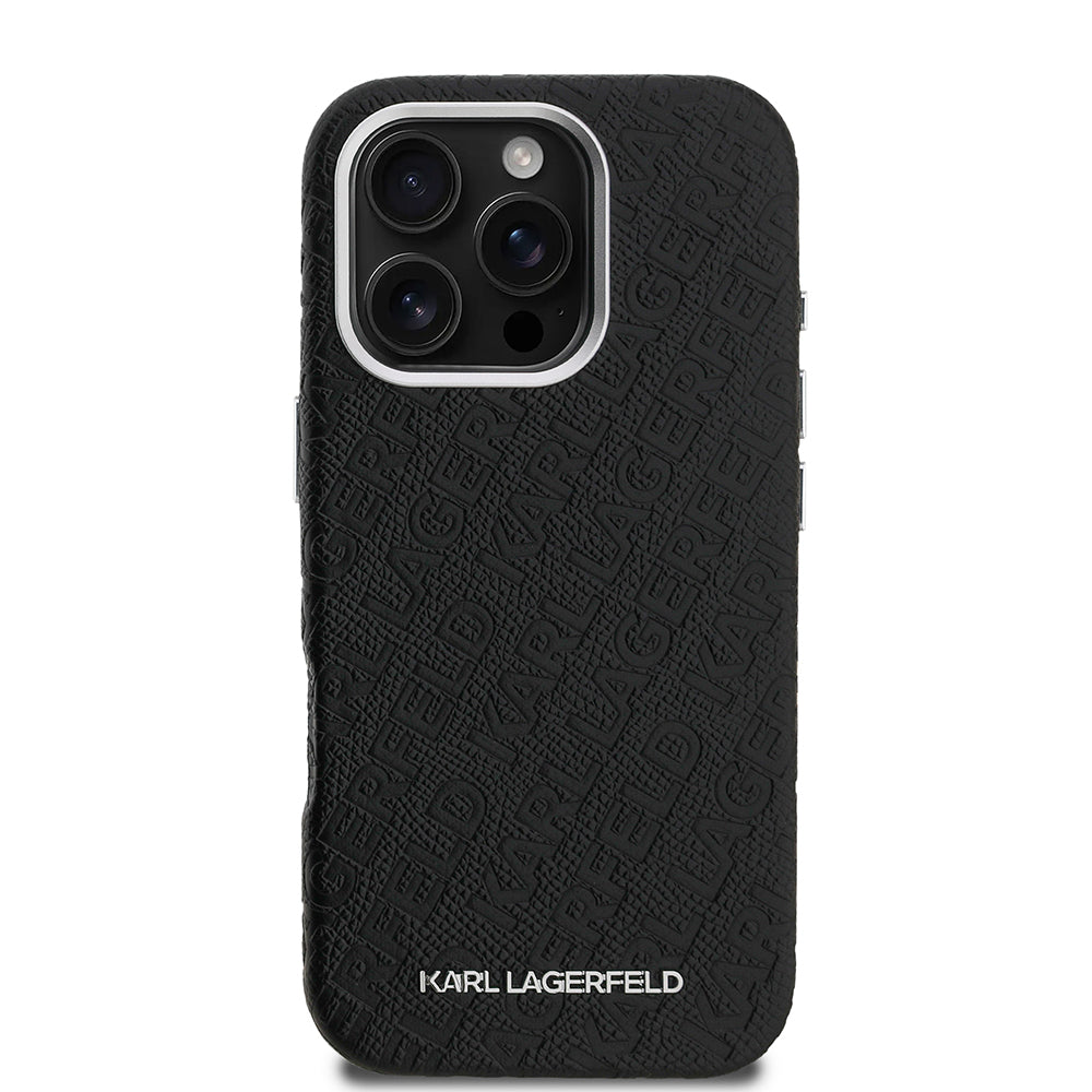 Karl Lagerfeld iPhone 16 Pro Orjinal Lisanslı PU Deri Damgalı Metal Yazı Logolu Telefon Kılıfı