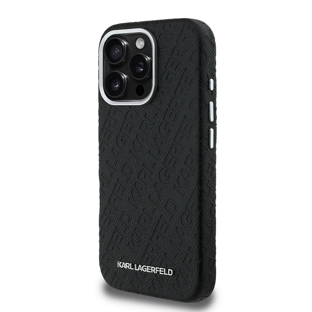 Karl Lagerfeld iPhone 16 Pro Orjinal Lisanslı PU Deri Damgalı Metal Yazı Logolu Telefon Kılıfı