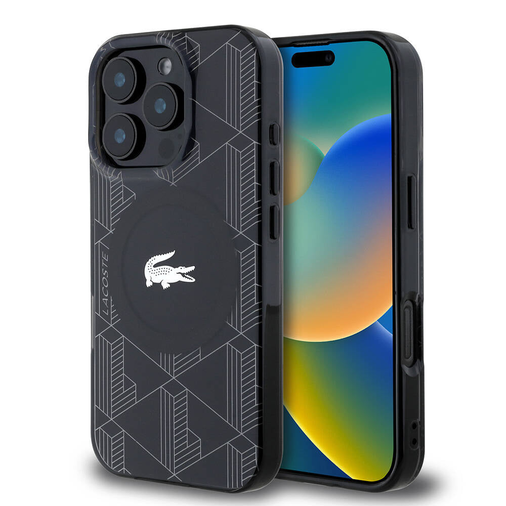 Lacoste iPhone 16 Pro Orjinal Lisanslı M-safe Şarj Özellikli IML Baskılı Gümüş Timsah Logolu Monogram Kılıf