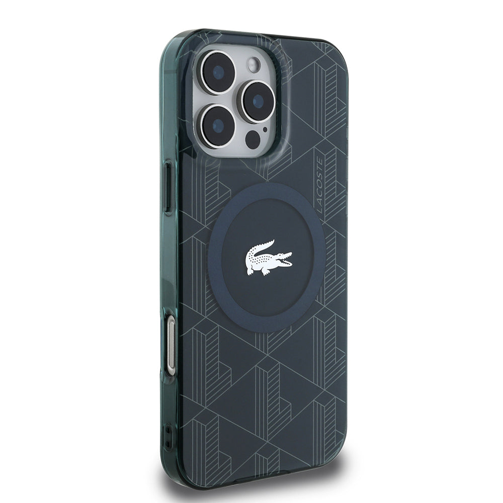 Lacoste iPhone 16 Pro Orjinal Lisanslı M-safe Şarj Özellikli IML Baskılı Gümüş Timsah Logolu Monogram Kılıf