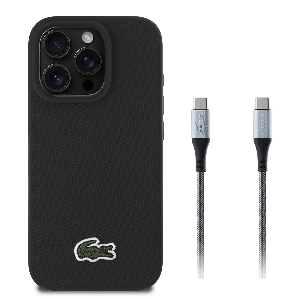 Lacoste iPhone 16 Pro Orjinal Lisanslı PU Pike Desenli Arka Yüzey İkonik Timsah Dokuma Logolu Kılıf + Type-C Kablo 1.5m