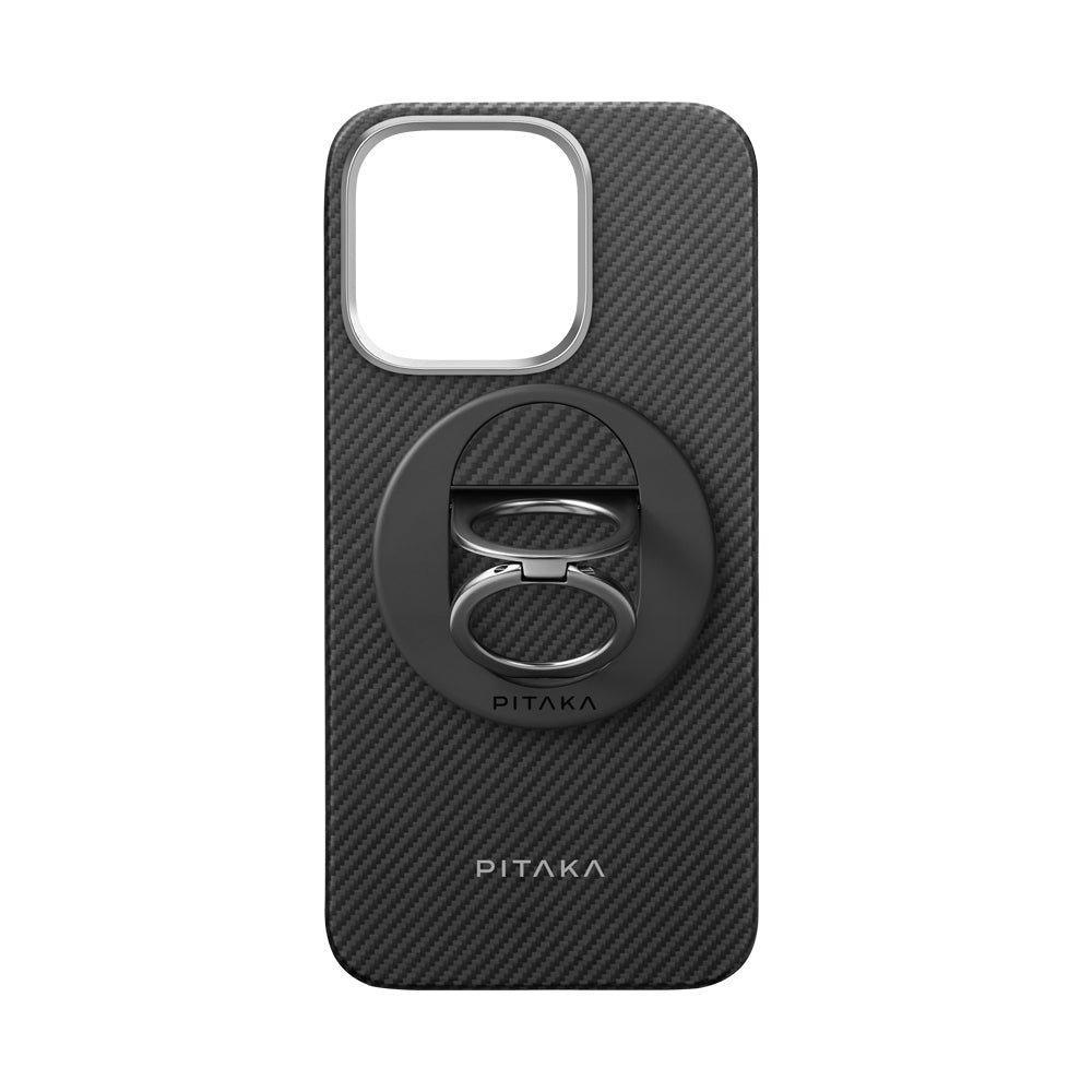 Pitaka Ultra-Slim Classic Serisi iPhone 16 Pro Magsafe Grip 3 Standlı 600D Aramid Fiber Black-Grey Twill Yanmaz Telefon Kılıfı