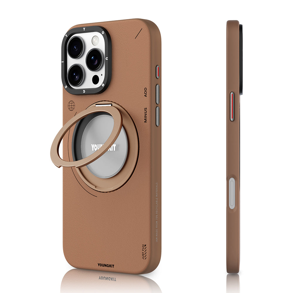 Youngkit Tech Leather Serisi iPhone 16 Pro Magsafe Şarj Özellikli 360° Standlı Basit Mat Deri Desenli Telefon Kılıfı-1
