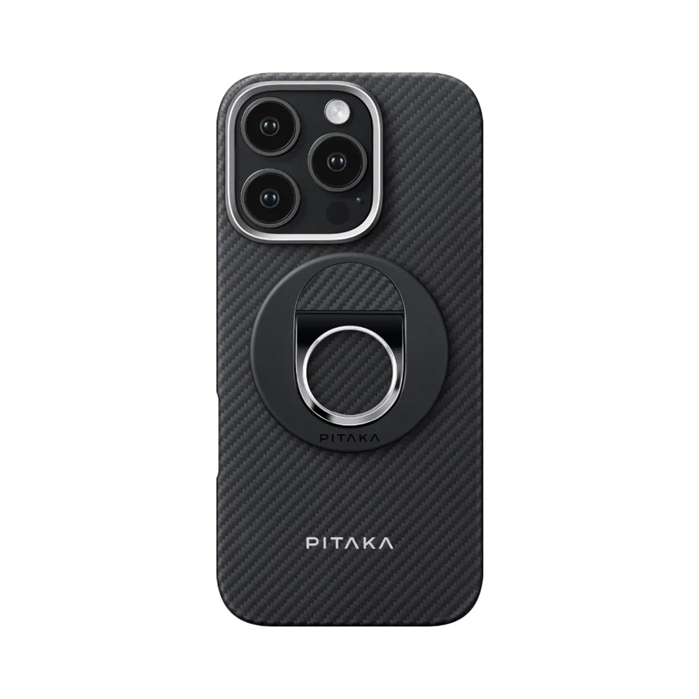Pitaka Military Grade Classic Serisi iPhone 16 Pro M-safe Şarj Özellikli Grip 3 Standlı Aramid Fiber Black-Grey Twill Kılıf
