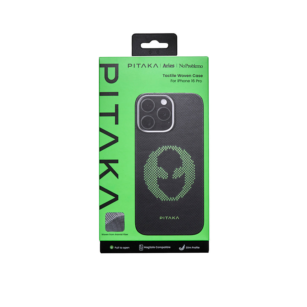 Pitaka Tactile Woven Aries Serisi iPhone 16 Pro M-safe Şarj Özellikli Lumintex Teknolojili Fosforlu Aramid Fiber Alien Kılıf