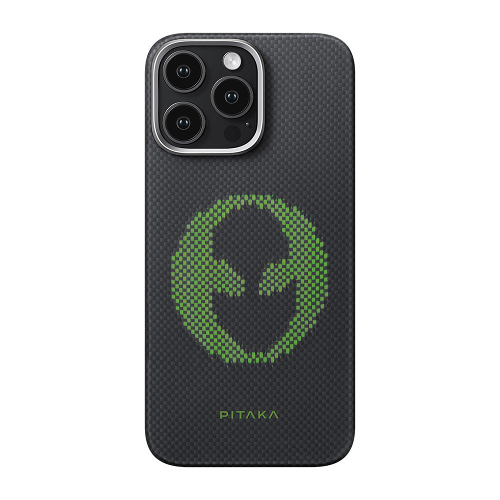Pitaka Tactile Woven Aries Serisi iPhone 16 Pro M-safe Şarj Özellikli Lumintex Teknolojili Fosforlu Aramid Fiber Alien Kılıf