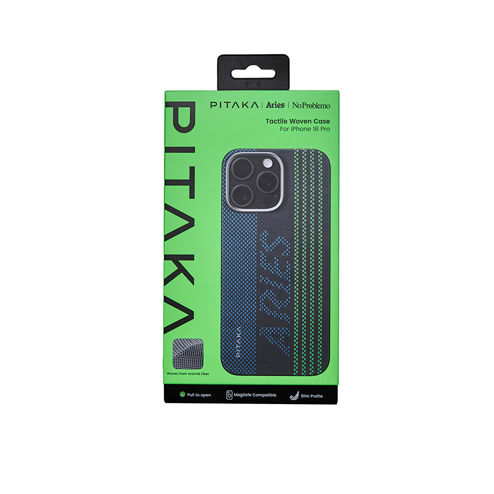 Pitaka Tactile Woven Aries Serisi iPhone 16 Pro M-safe Şarj Özellikli Lumintex Teknolojili Fosforlu Aramid Fiber Credit Card Kılıf