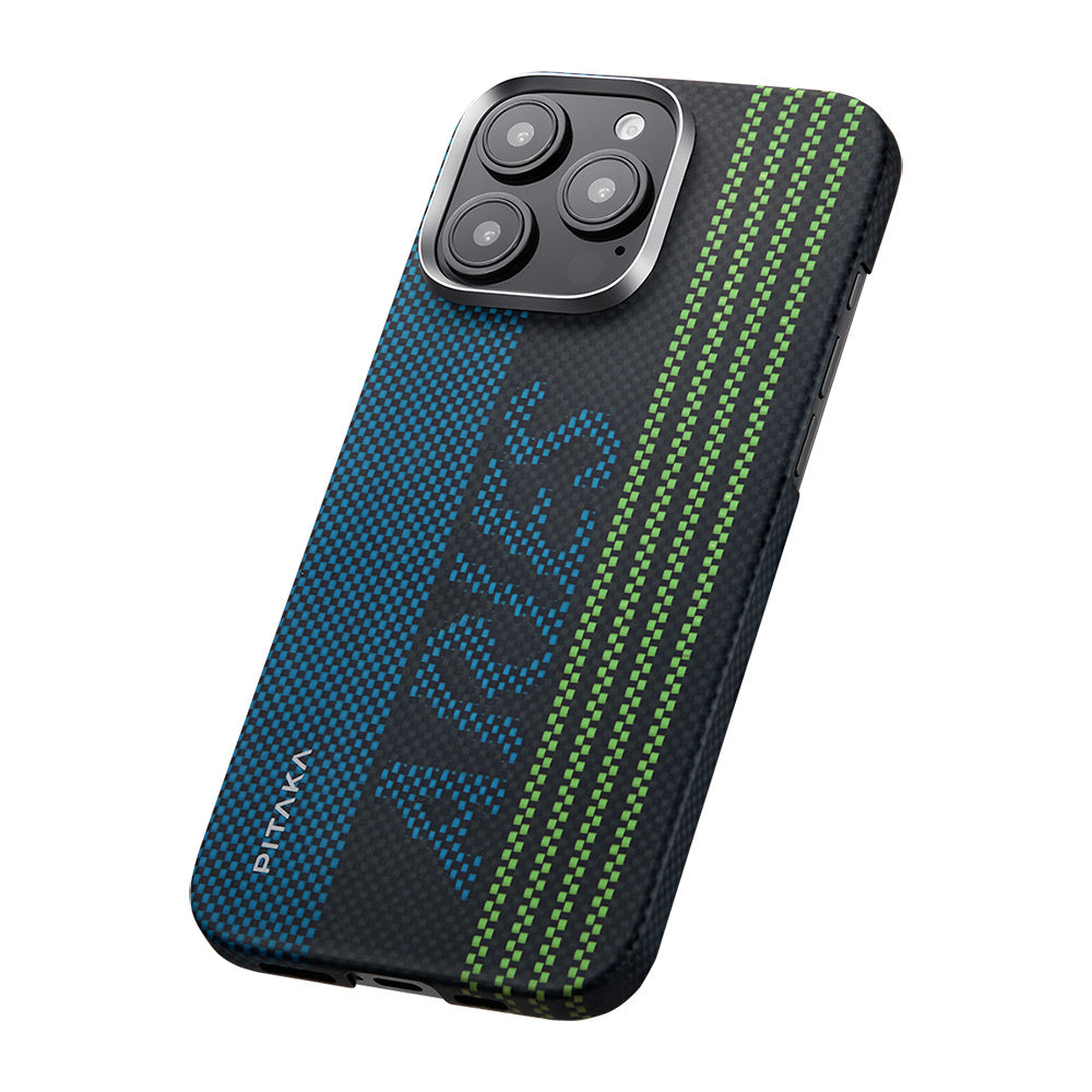 Pitaka Tactile Woven Aries Serisi iPhone 16 Pro M-safe Şarj Özellikli Lumintex Teknolojili Fosforlu Aramid Fiber Credit Card Kılıf