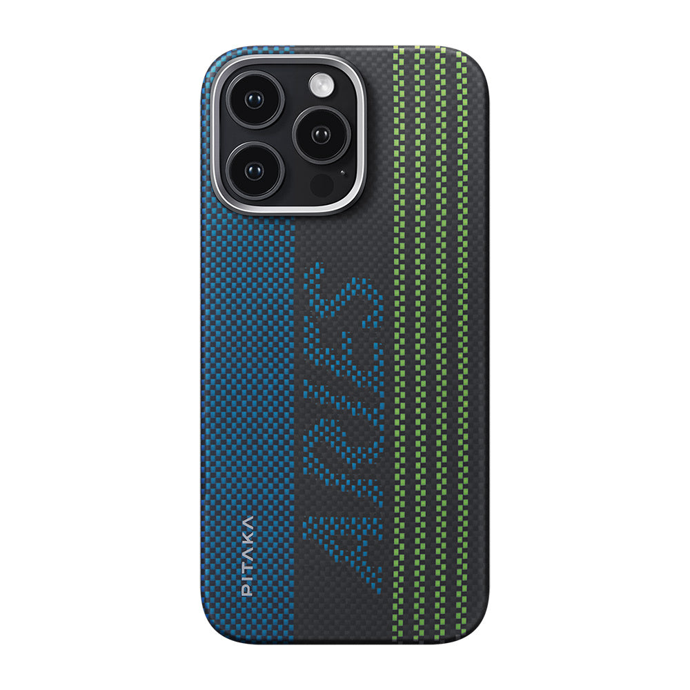 Pitaka Tactile Woven Aries Serisi iPhone 16 Pro M-safe Şarj Özellikli Lumintex Teknolojili Fosforlu Aramid Fiber Credit Card Kılıf