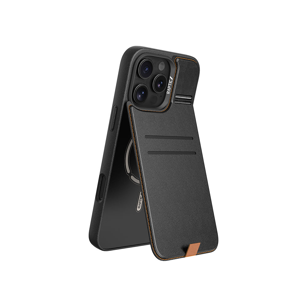 Raptic Slim Wallet Serisi iPhone 16 Pro M-safe Şarj Özellikli Deri Görünümlü Kartlıklı Standlı Kılıf