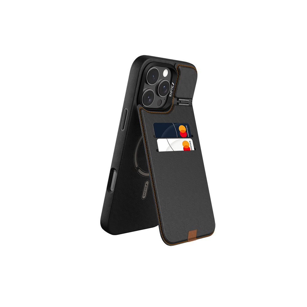 Raptic Slim Wallet Serisi iPhone 16 Pro M-safe Şarj Özellikli Deri Görünümlü Kartlıklı Standlı Kılıf