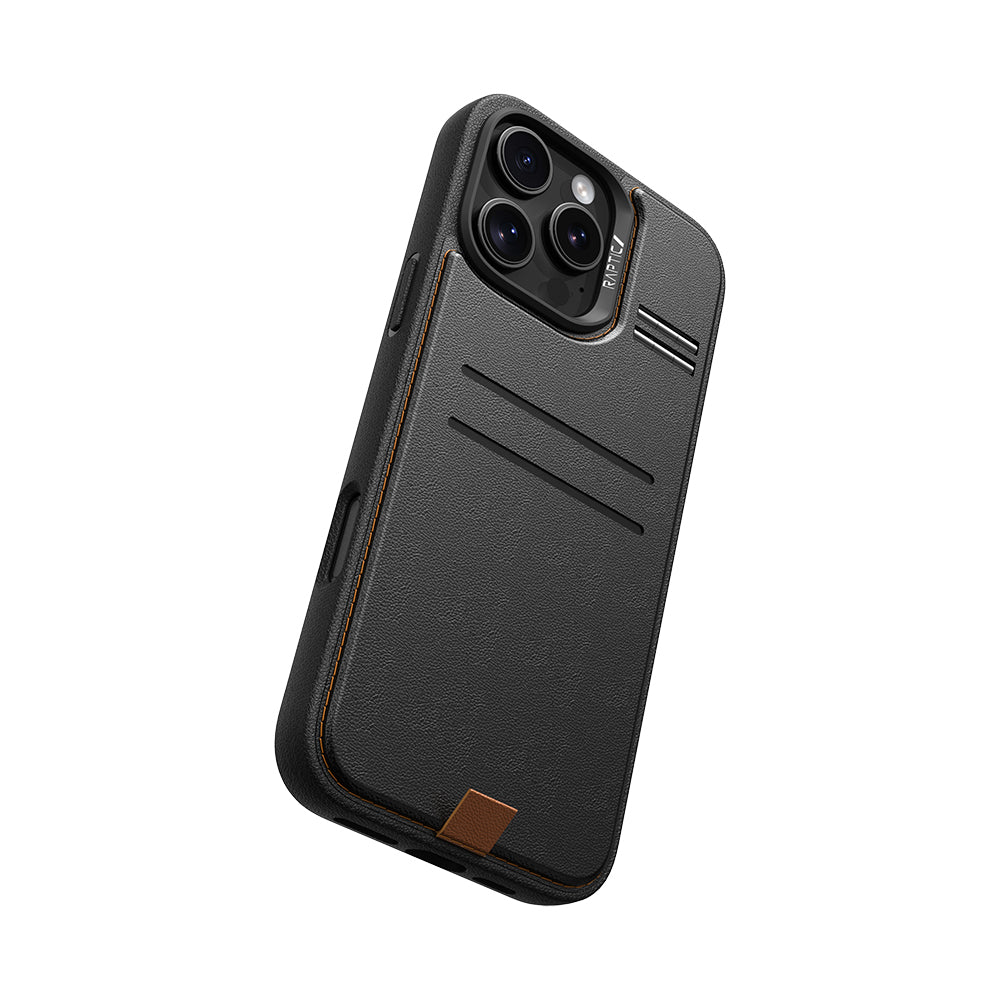 Raptic Slim Wallet Serisi iPhone 16 Pro M-safe Şarj Özellikli Deri Görünümlü Kartlıklı Standlı Kılıf