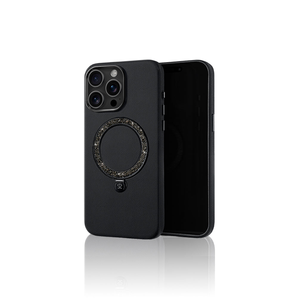 Pynana Dancing Circle Serisi iPhone 16 Pro M-safe Şarj Özellikli Standlı Suni Deri Tasarımlı Kılıf