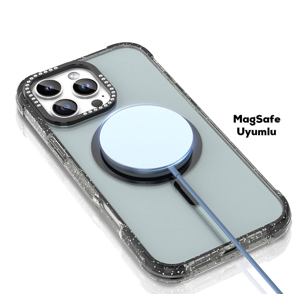 Mutural Blink iPhone 16 Pro M-safe Şarj Özellikli Taşlı ve Simli Tasarım Kılıf