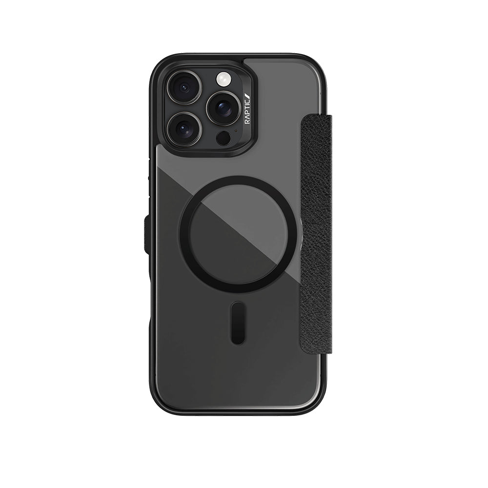 Raptic Urban Folio Serisi iPhone 16 Pro M-safe Şarj Özellikli Vegan Deri Tasarımlı Şeffaf Arka Yüzey Kartlıklı Kılıf