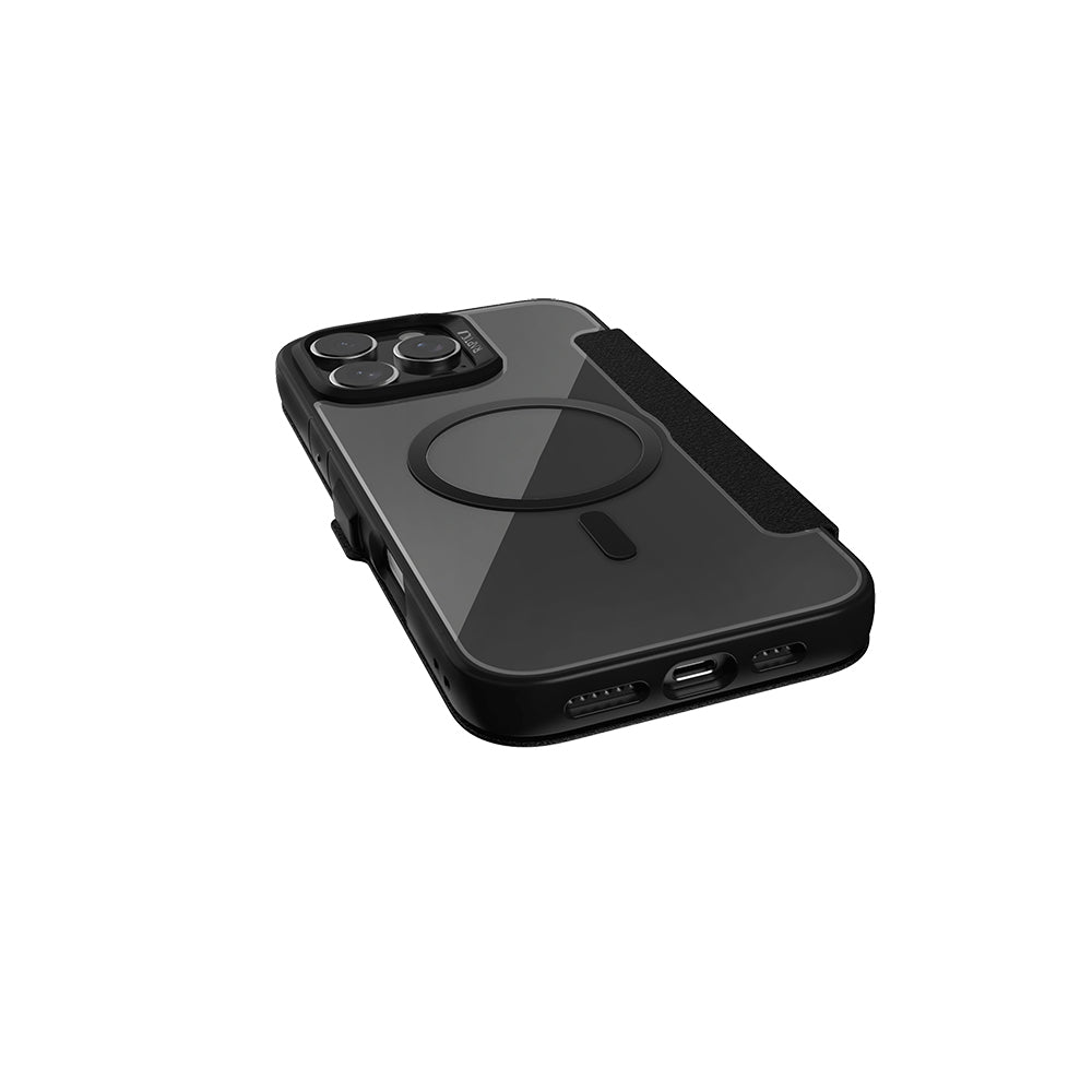 Raptic Urban Folio Serisi iPhone 16 Pro M-safe Şarj Özellikli Vegan Deri Tasarımlı Şeffaf Arka Yüzey Kartlıklı Kılıf