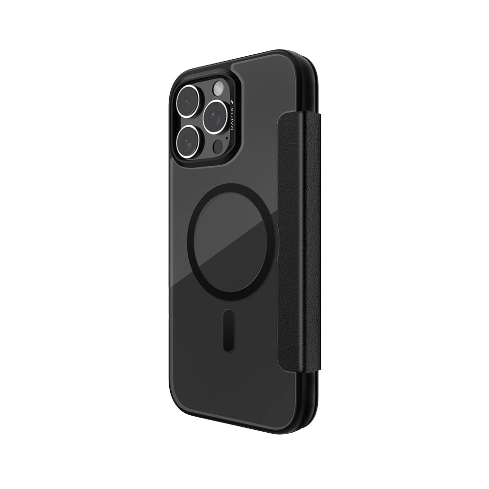 Raptic Urban Folio Serisi iPhone 16 Pro M-safe Şarj Özellikli Vegan Deri Tasarımlı Şeffaf Arka Yüzey Kartlıklı Kılıf