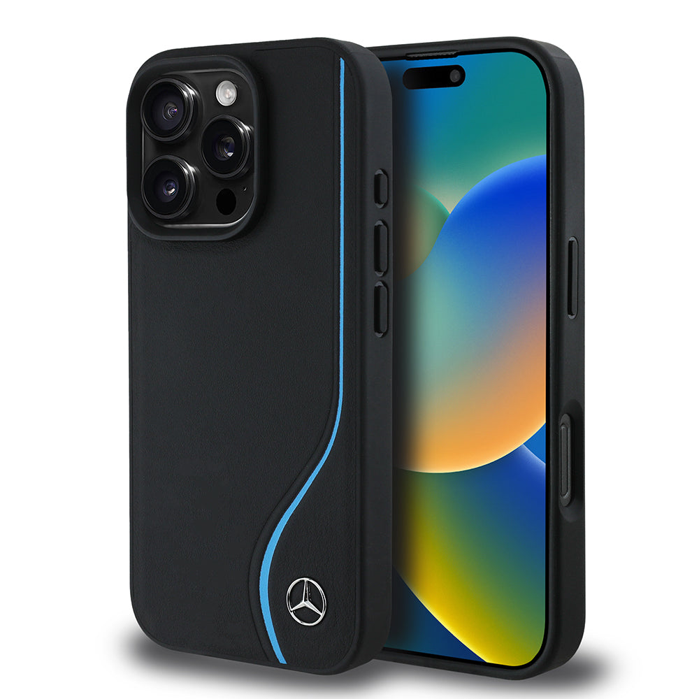 Mercedes Benz iPhone 16 Pro Orjinal Lisanslı 3D Metal Logolu Mavi Dikey Eğri Çizgili Deri M-safe Kılıf