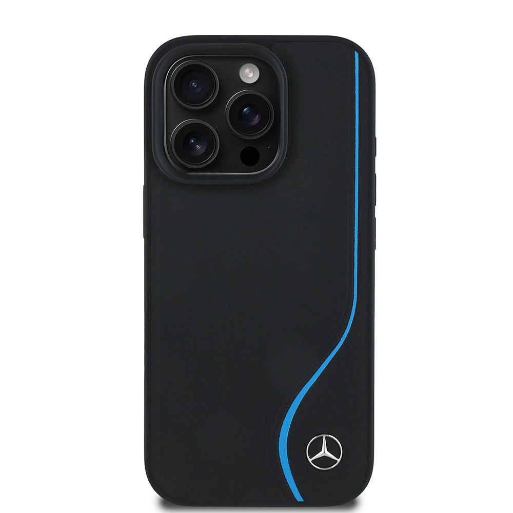 Mercedes Benz iPhone 16 Pro Orjinal Lisanslı 3D Metal Logolu Mavi Dikey Eğri Çizgili Deri M-safe Kılıf