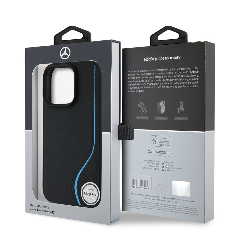 Mercedes Benz iPhone 16 Pro Orjinal Lisanslı 3D Metal Logolu Mavi Dikey Eğri Çizgili Deri M-safe Kılıf
