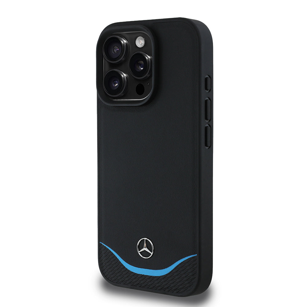 Mercedes Benz iPhone 16 Pro Orjinal Lisanslı Metal Logolu Mavi Yatay Eğri Çizgili Deri M-safe 3D Kılıf