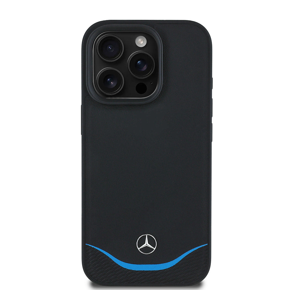 Mercedes Benz iPhone 16 Pro Orjinal Lisanslı Metal Logolu Mavi Yatay Eğri Çizgili Deri M-safe 3D Kılıf