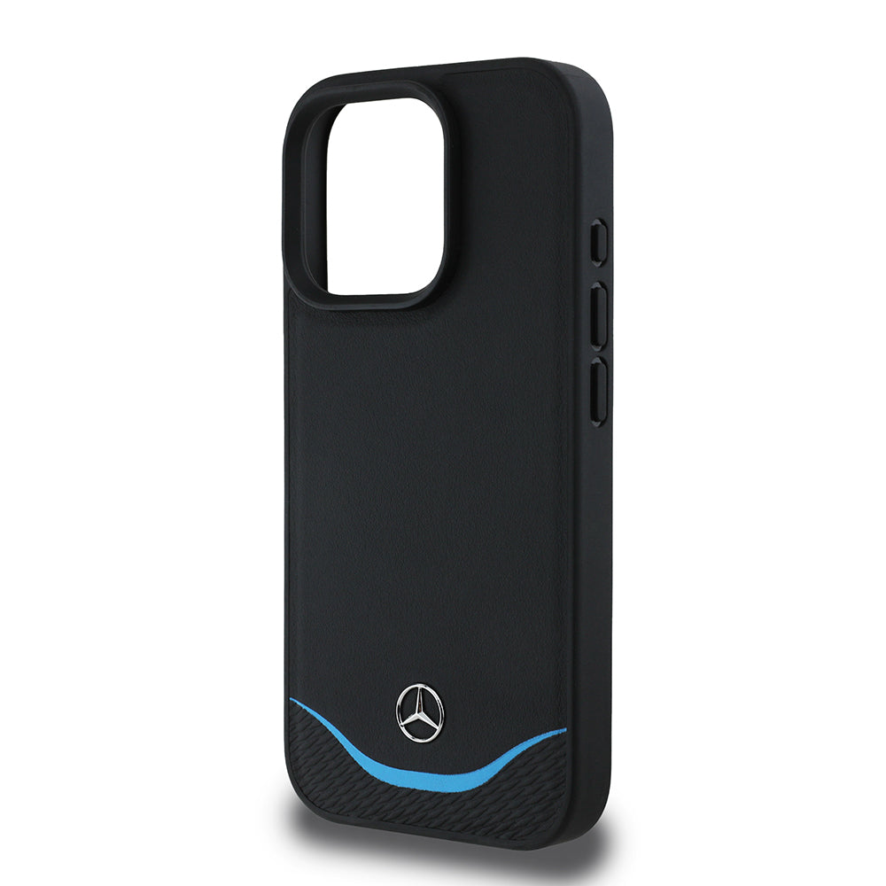 Mercedes Benz iPhone 16 Pro Orjinal Lisanslı Metal Logolu Mavi Yatay Eğri Çizgili Deri M-safe 3D Kılıf