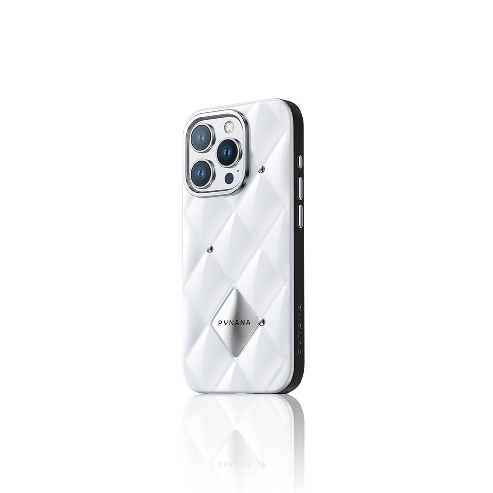 Pynana Metal Diamond Serisi iPhone 16 Pro Kılıf Parlak Arka Yüzeyli Kabartma Tasarımlı Kapitone Kılıf