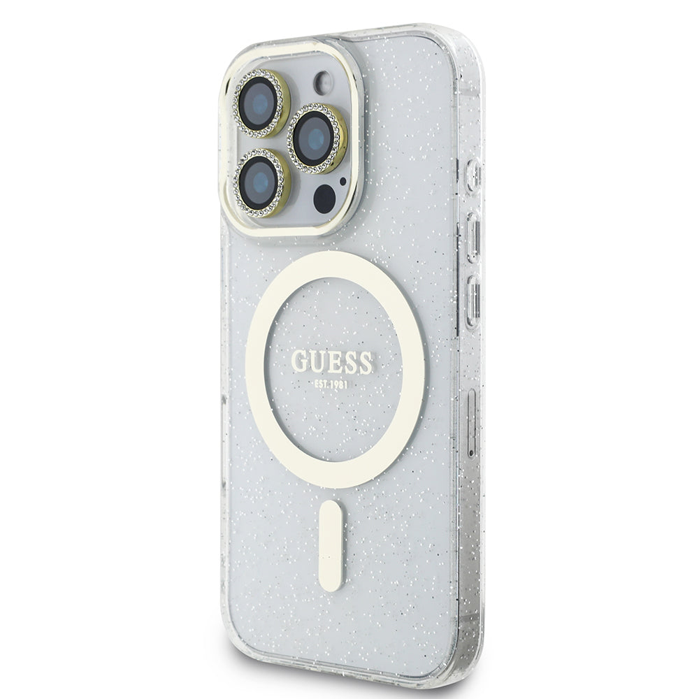 Guess iPhone 16 Pro Max Orjinal Lisanslı 3'lü Aksesuar Seti IML Baskılı Simli Glitter Kılıf + Ekran Koruyucu + Lens Koruyucu