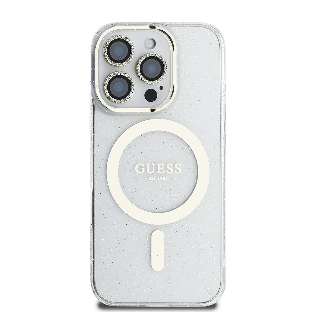 Guess iPhone 16 Pro Max Orjinal Lisanslı 3'lü Aksesuar Seti IML Baskılı Simli Glitter Kılıf + Ekran Koruyucu + Lens Koruyucu