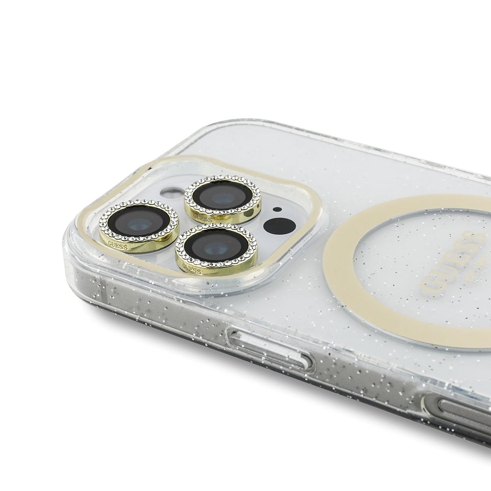 Guess iPhone 16 Pro Max Orjinal Lisanslı 3'lü Aksesuar Seti IML Baskılı Simli Glitter Kılıf + Ekran Koruyucu + Lens Koruyucu