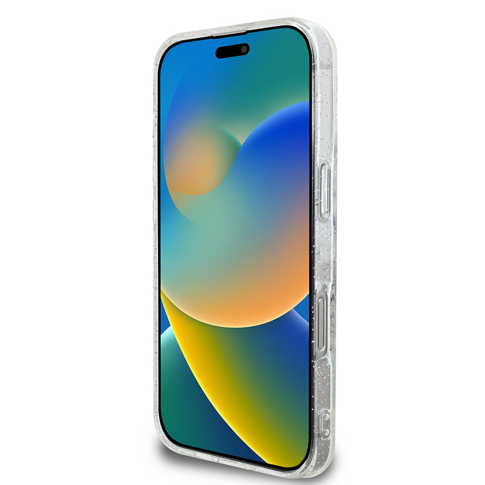 Guess iPhone 16 Pro Max Orjinal Lisanslı 3'lü Aksesuar Seti IML Baskılı Simli Glitter Kılıf + Ekran Koruyucu + Lens Koruyucu