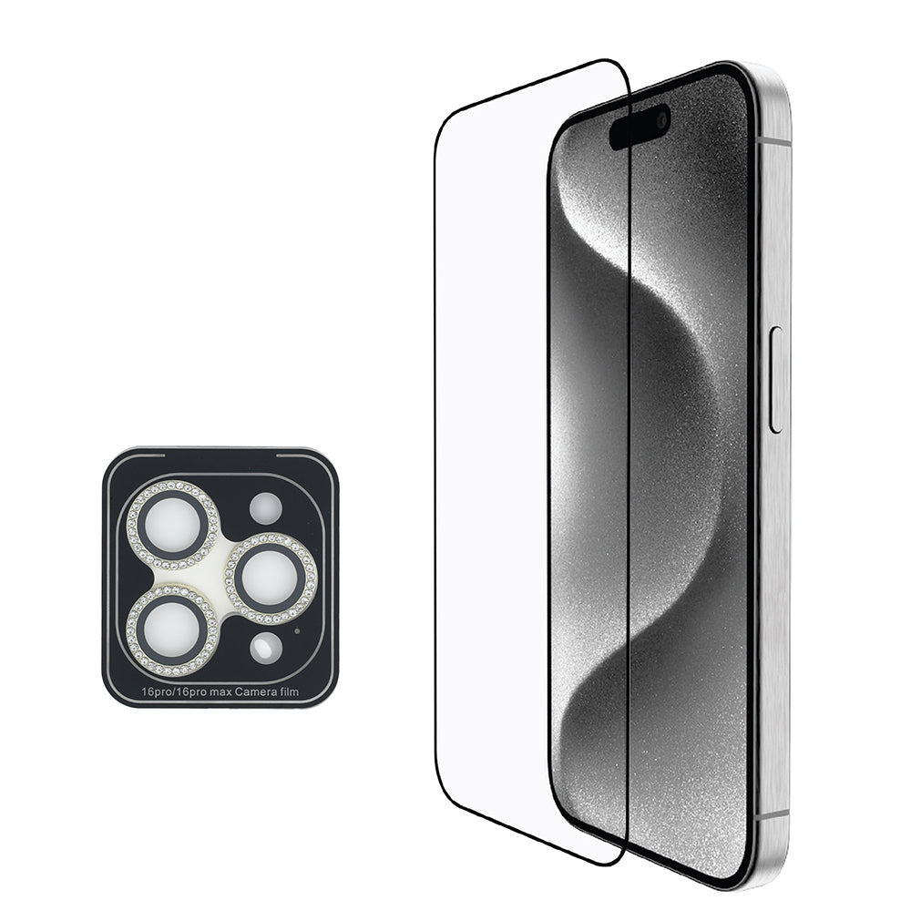 Guess iPhone 16 Pro Max Orjinal Lisanslı 3'lü Aksesuar Seti IML Baskılı Simli Glitter Kılıf + Ekran Koruyucu + Lens Koruyucu