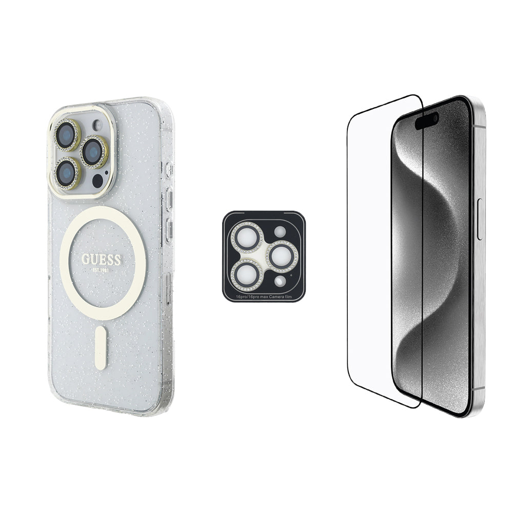 Guess iPhone 16 Pro Max Orjinal Lisanslı 3'lü Aksesuar Seti IML Baskılı Simli Glitter Kılıf + Ekran Koruyucu + Lens Koruyucu
