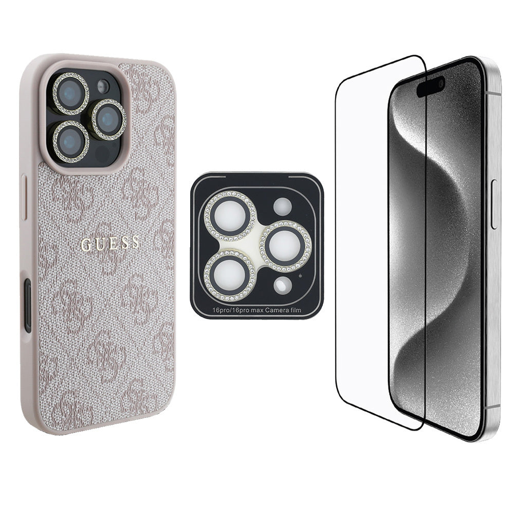 Guess iPhone 16 Pro Max Orjinal Lisanslı Kılıf + Ekran Koruyucu + Lens Koruyucu 3in1 Aksesuar Seti
