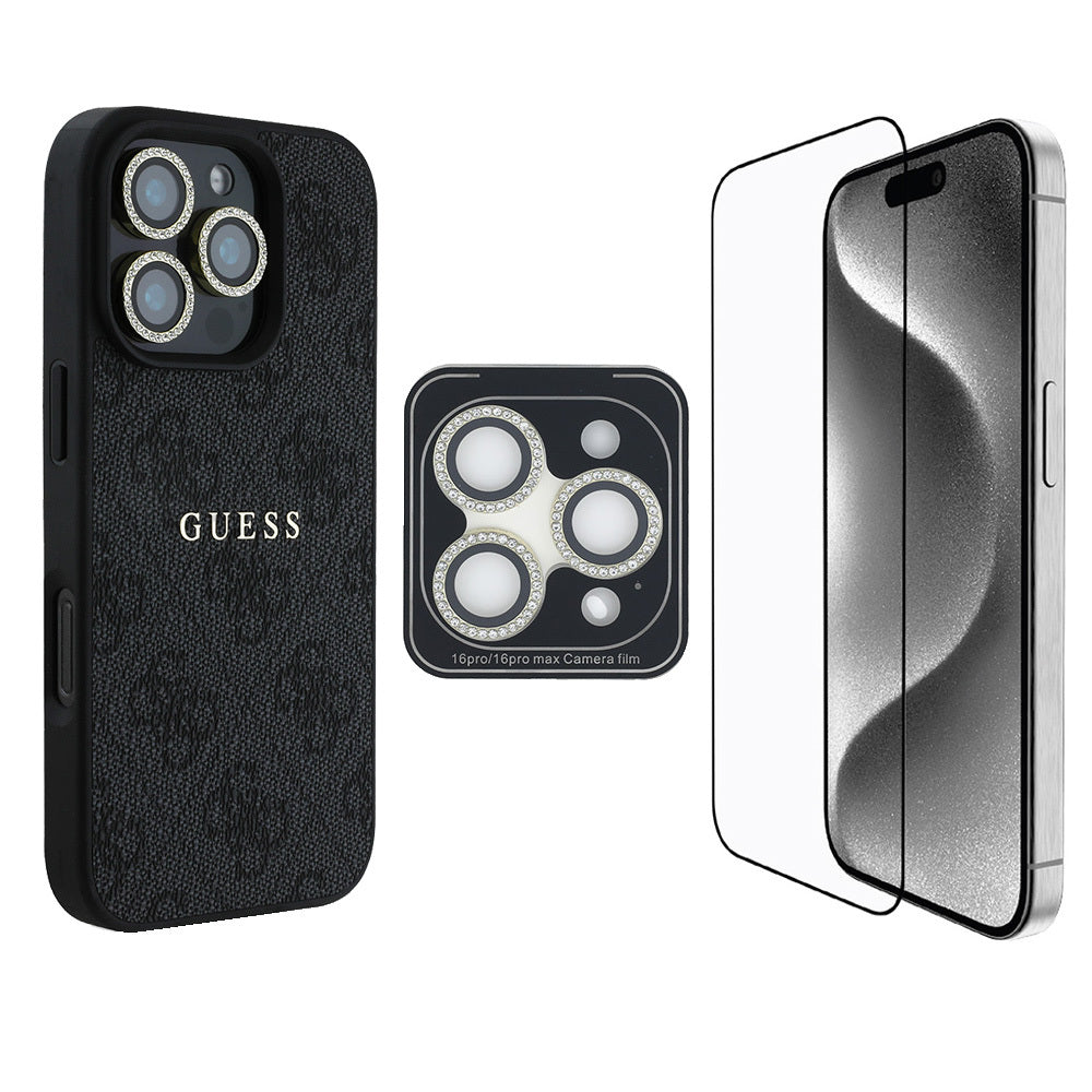 Guess iPhone 16 Pro Max Orjinal Lisanslı Kılıf + Ekran Koruyucu + Lens Koruyucu 3in1 Aksesuar Seti