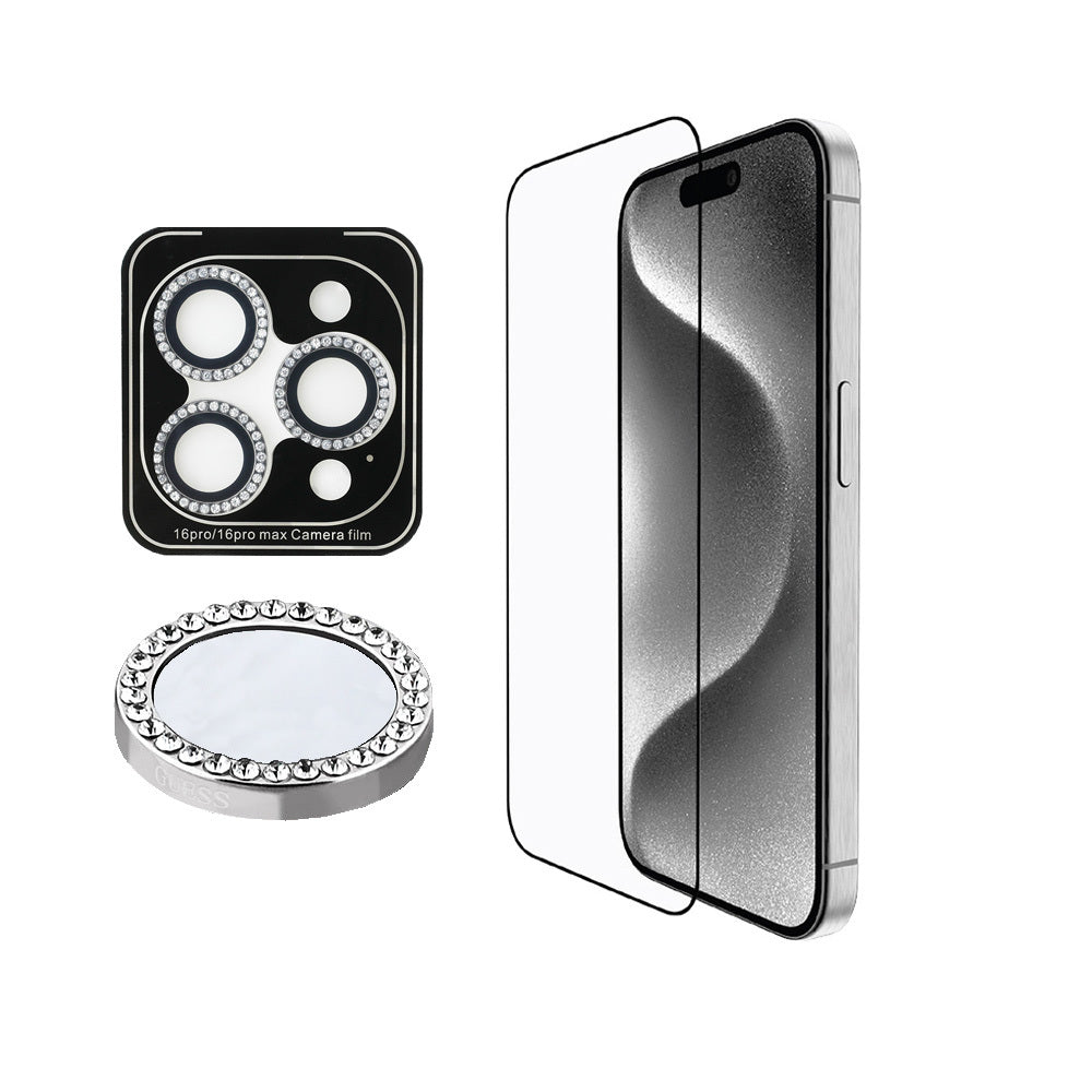 Guess iPhone 16 Pro Max Orjinal Lisanslı Rhinestone Ekran Koruyucu + Lens Koruyucu 2in1 Aksesuar Seti