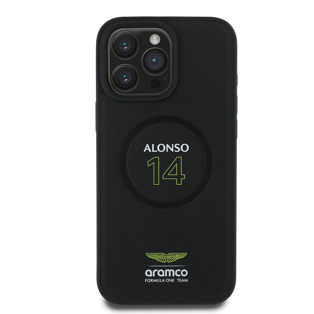Apple iPhone 16 Pro Max Aston Martin Orjinal Lisanslı M-safe Şarj Özellikli PU Deri Alonso 14 Baskılı Kılıf