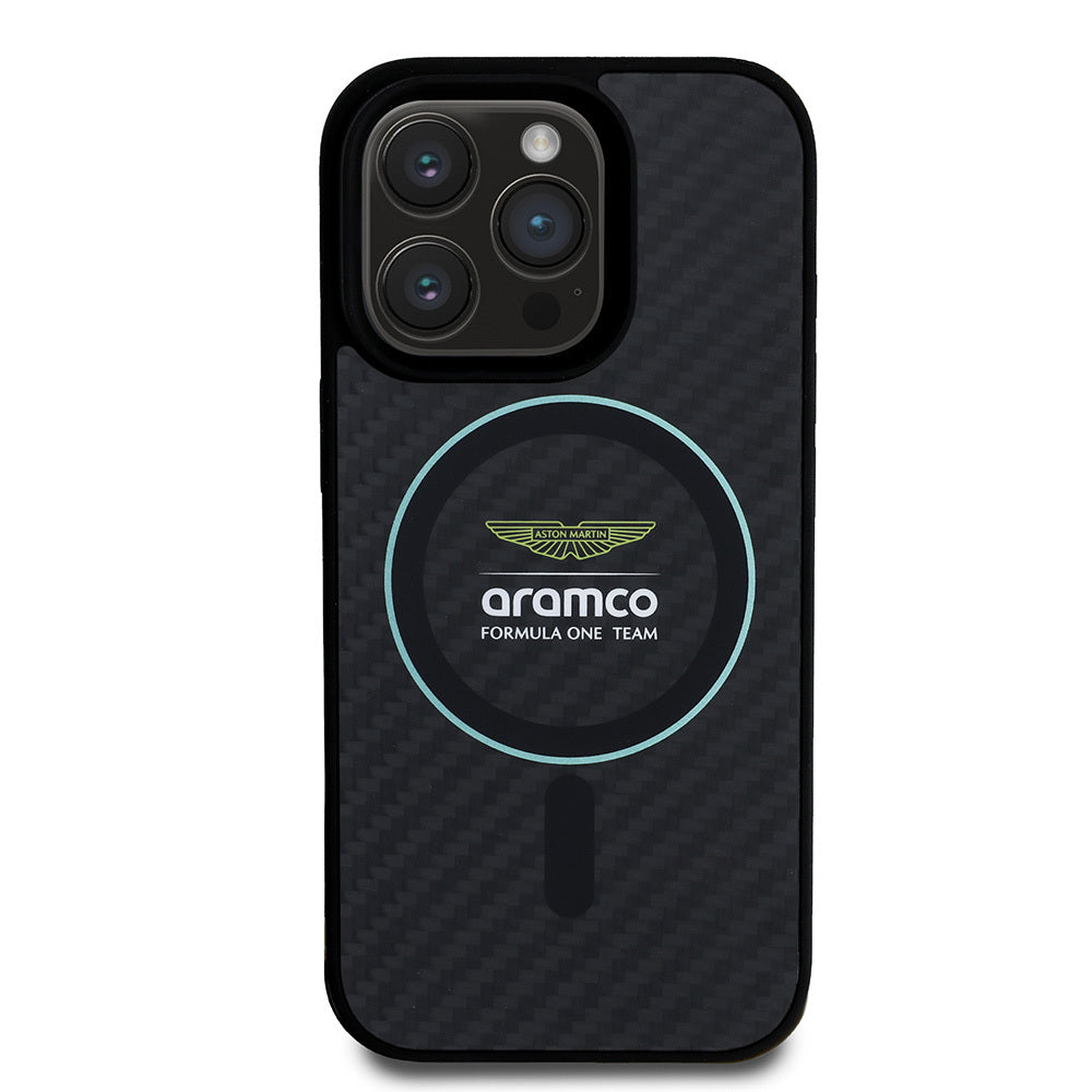 Apple iPhone 16 Pro Max Aston Martin Orjinal Lisanslı M-safe Şarj Özellikli Renkli Halka ve Karbon Fiber Tasarımlı Kılıf