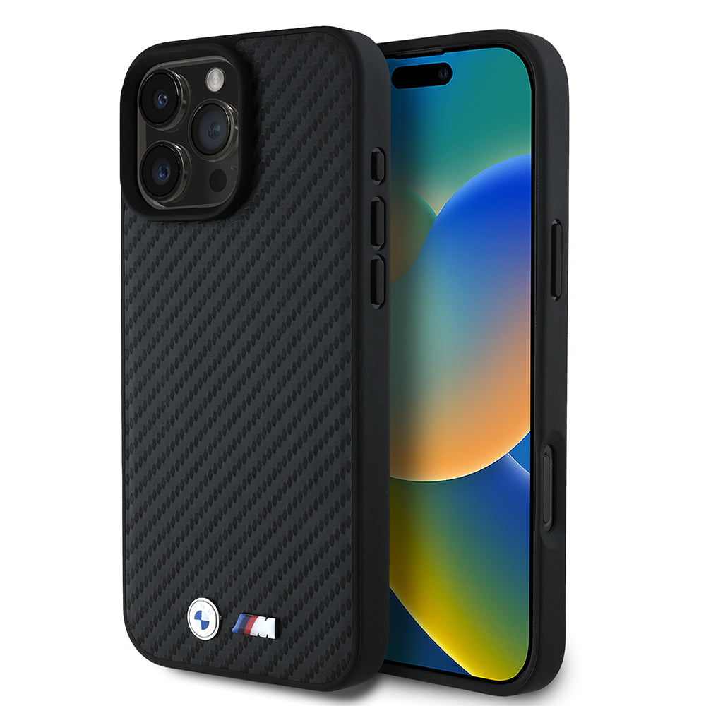 BMW iPhone 16 Pro Max Orjinal Lisanslı Karbon Fiber Tasarımlı ve Metal Logolu PU Deri Telefon Kılıfı